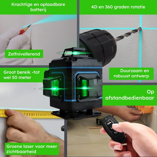 Zwarte kruislijnlaser met blauwe accenten, projecteert groene laserlijnen voor zelfnivellering, met een bereik tot 50 meter. Inclusief afstandsbediening.