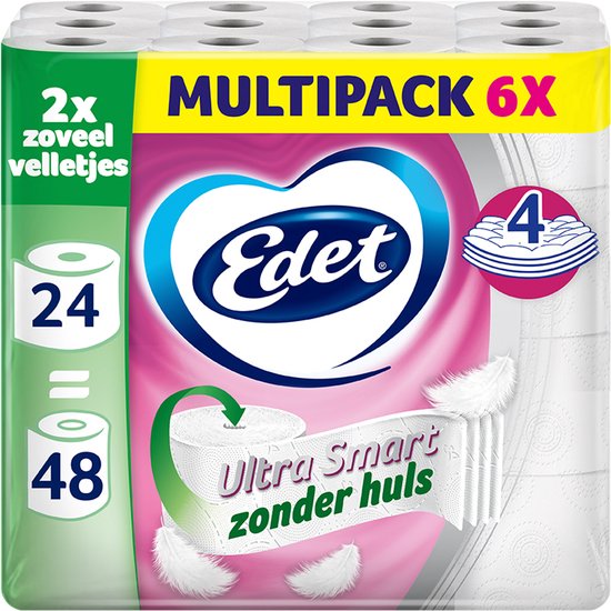 6 pakken Edet Ultra Smart toiletpapier, 4 lagen, 24 rollen zonder huls. Text "Multipack 6x" en "2x zoveel velletjes".