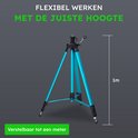 Blauw verstelbaar statief voor laserwaterpas, met een maximale hoogte van 1 meter. Ideaal voor flexibel werken op de juiste hoogte.