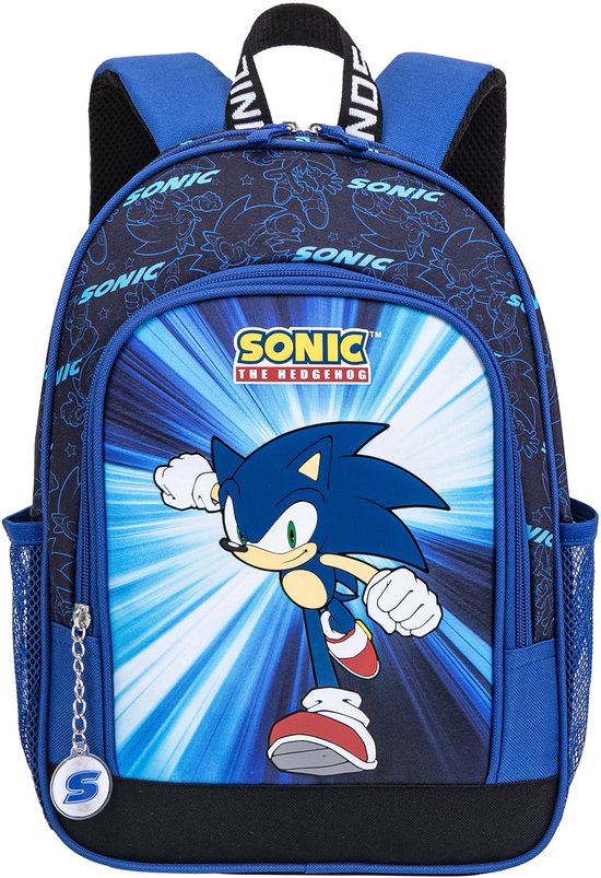 Blauwe rugzak met Sonic the Hedgehog, Sonic-logo en een patroon van Sonic-figuren.