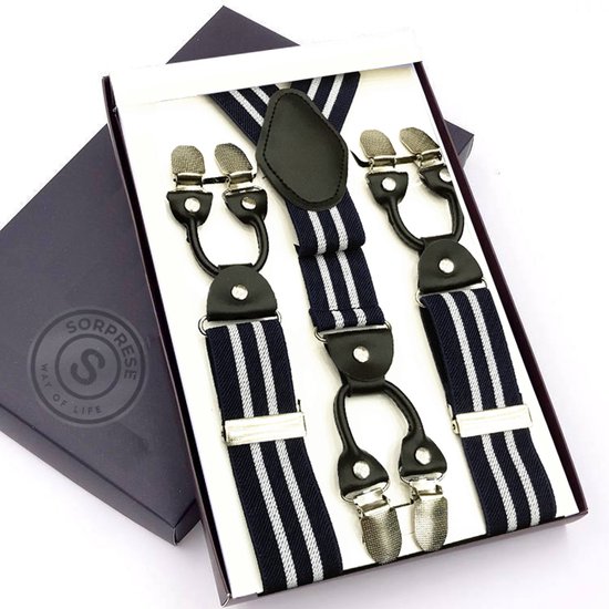 Bretels met donkerblauwe en witte strepen, zwart leer en zilveren clips, in cadeaudoos.