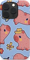 Lichtblauwe telefoonhoes met een patroon van schattige, roze capibara's met cowboyhoeden en bloemen.