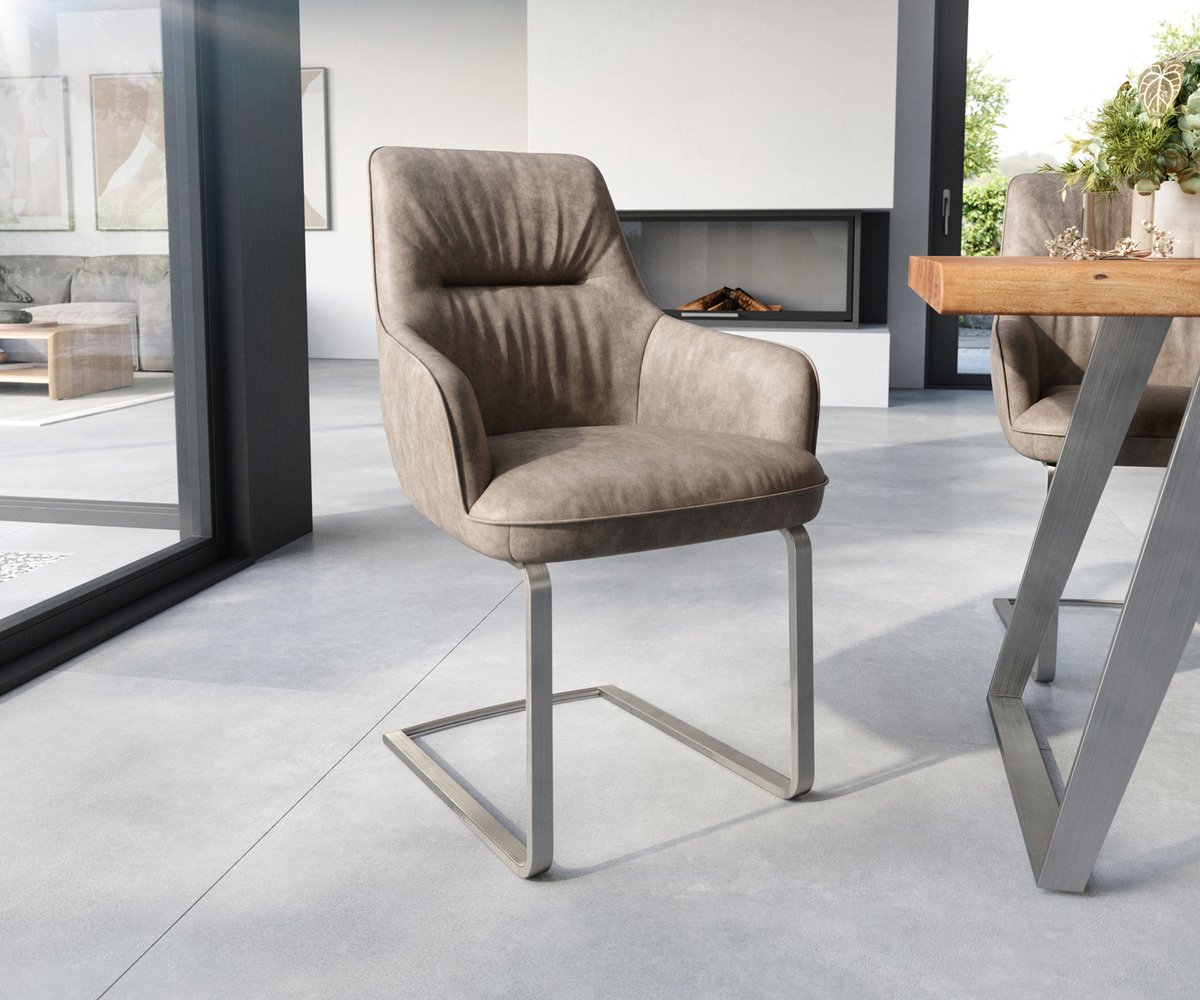 DELIFE Sledestoel Zelia-Flex met armleuning sledemodel vlak roestvrij staal microvelours taupe vintage pocketveer kern