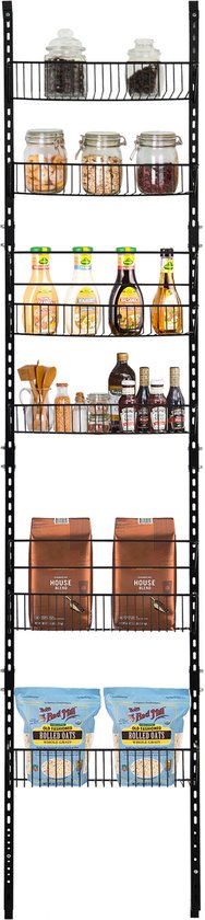 COSTWAY Panier Rangement Suspendu 6 Étages - Noir, Réglable Hauteur, Porte Ou Mur, Cuisine Salle De Bain