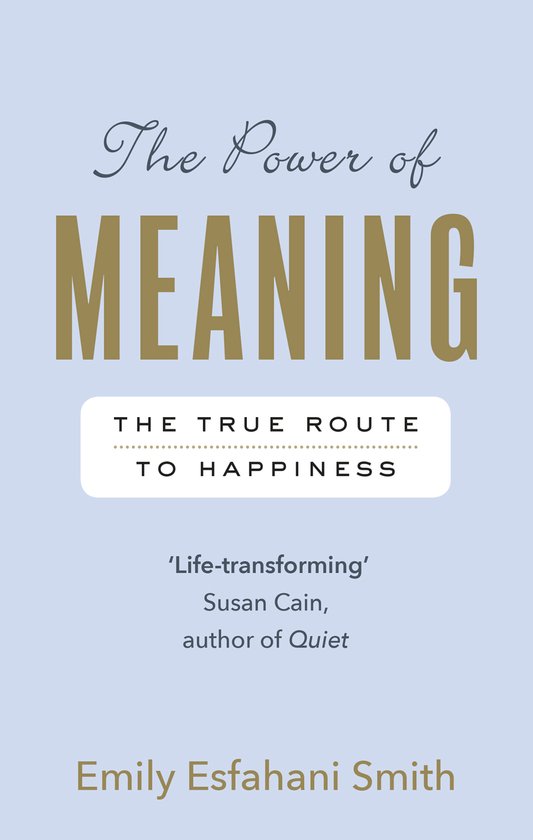 Boekomslag met titel 'The Power of Meaning' en subtitel 'The True Route to Happiness' in gouden letters, geschreven door Emily Esfahani Smith.