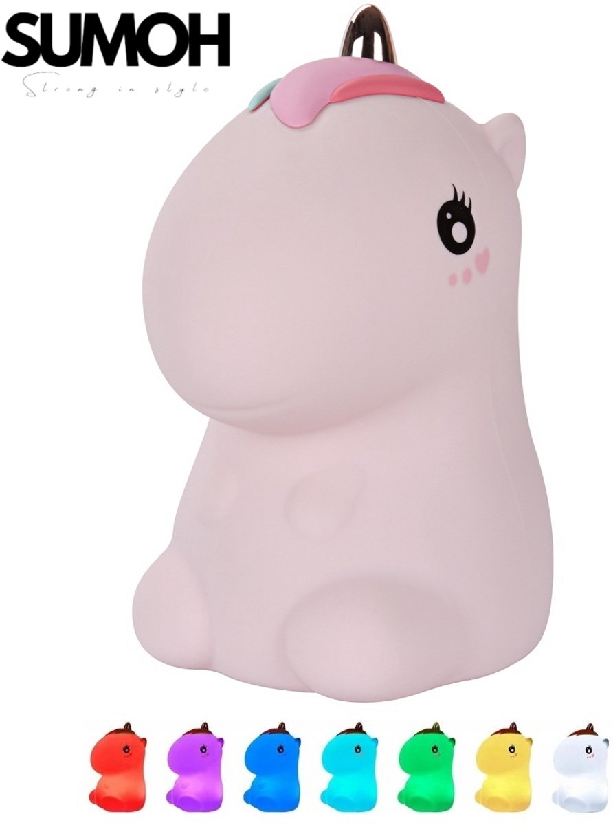 SUMOH® Eenhoorn Nachtlampje Roze – LED Unicorn Nachtlamp voor Kinderen – Oplaadbaar & Draadloos – 9 Lichtkleuren – BPA Vrij – Siliconen Babykamer Lampje – Touch Control – Cadeau voor Meisjes & Peuters