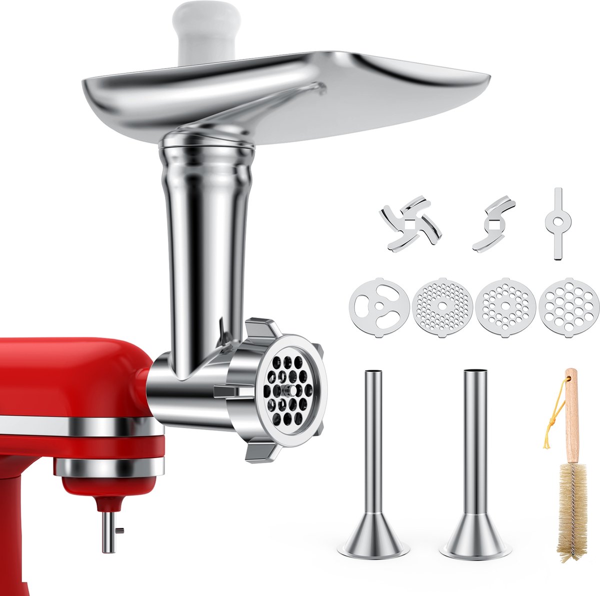 MMOBIEL Vleesmolen-Opzetstuk voor KitchenAid Standmixer – Opzetstuk voor Keukenhulp met 4 Maalschijven, 2 Worstvulbuizen, 2 Maalmessen – Vleesmolenaccessoires voor KitchenAid