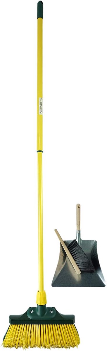 Klauwbezemset 40 cm hout met telescopische steel gebogen borstelharen met veegset tuinbezem straatbezem veegbezem (bezem + stoffer en blik set verzinkt, 40 cm)