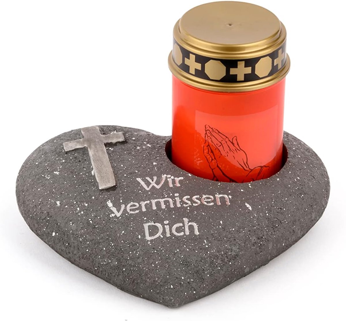 Grafdecoratie hart antraciet met kruis met opschrift We miss you incl. LED graflicht rood grafdecoratie grafhart weerbestendig grafdecoratie gedenksteen theelichthouder rouwsteen