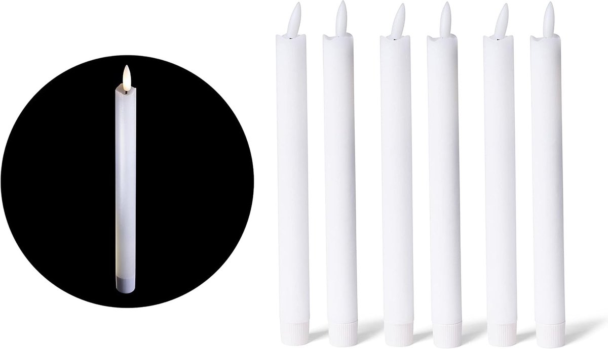 Witte LED-kaars met timerfunctie, set van 6 - LED-kaars met bewegende vlam en timer - 22 cm hoog voor 2,2 cm diameter / 1x AA-batterij vereist - LED-kaarsen van echte was