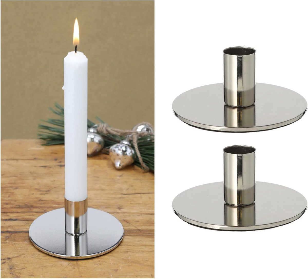 Novaliv Set van 2 kaarsenhouders, metaal, zilver, 10 x 5 cm, vintage kaarsenhouder, retro woondecoratie, kersttafeldecoratie, kaarsenhouder, kaarsenspeld, scandinavische chique woonkamerdecoratie, decoratieve schaal