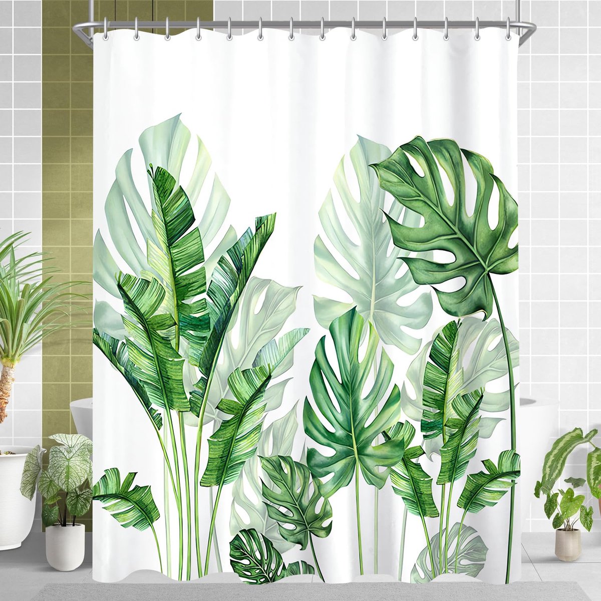 Ibenzoa® Stijlvol Douchegordijn met Groene Bladeren, Antischimmel en Waterafstotend, Inclusief Haken, 150x200 cm