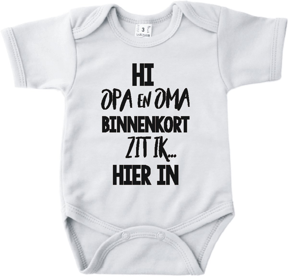 Baby romper met tekst zwangerschap aankondiging | Hi Opa en Oma binnenkort zit ik hierin | Wit | korte mouw | maat 56 cadeautje zwangerschap aankondiging bekendmaking | Cadeautje 100% katoen.