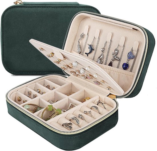 Vlando Sieradendoosje voor op reis, stijlvolle sieradenopslag, kleine oorbellenorganizer, reisetui, cadeau-idee voor vrouwen en meisjes, groen