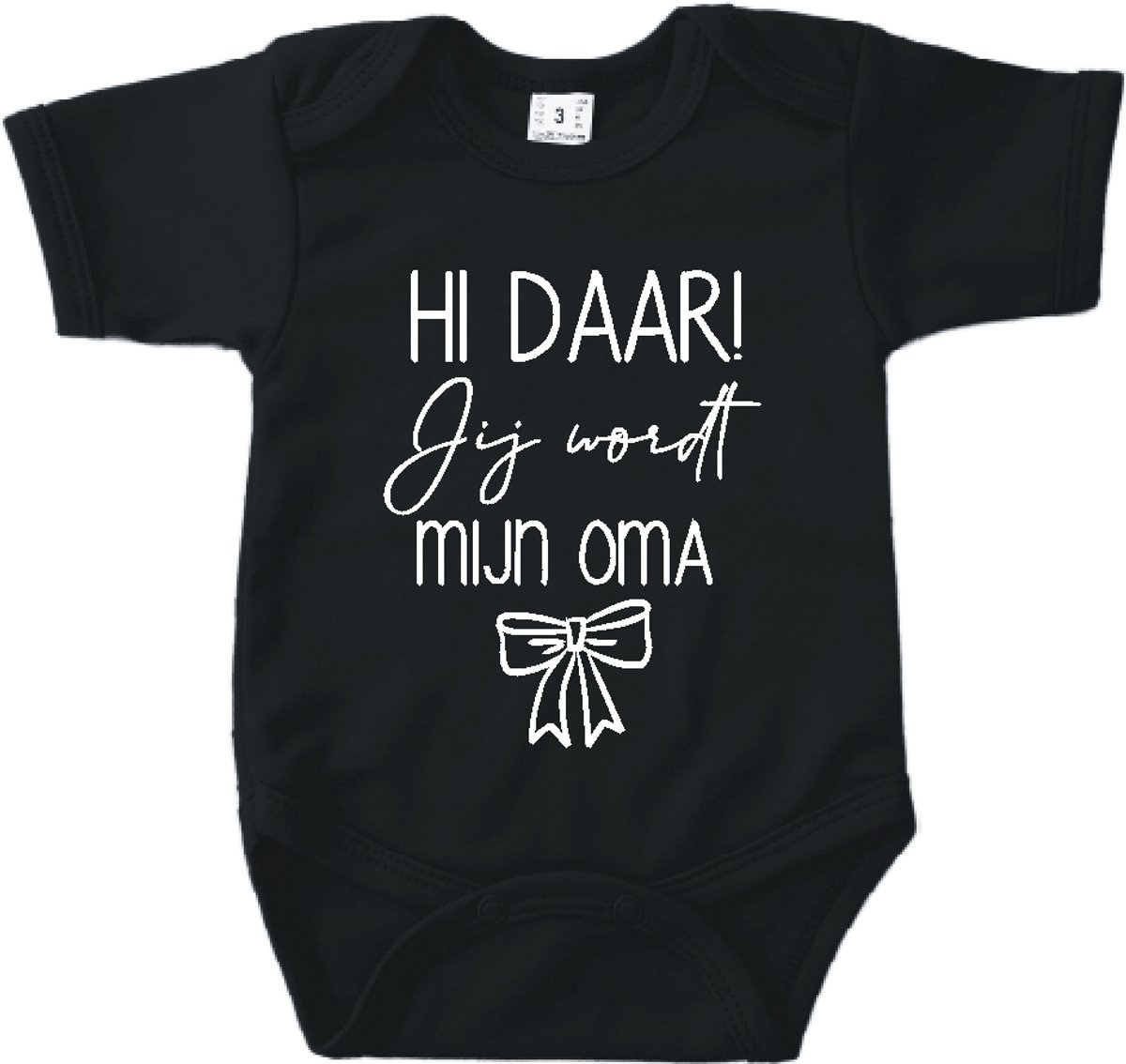 Baby romper met tekst zwangerschap aankondiging | Hi daar jij wordt mijn Oma met strik zwart | korte mouw | maat 56 cadeautje zwangerschap aankondiging bekendmaking | Cadeautje 100% katoen.