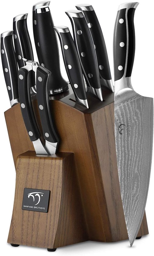 MOSFiATA Keukenmessenset, 5 stuks, koksmessen van hoogwaardig koolstof-roestvrij staal, 7 inch Nakiri messen, 5 inch Utility messen, broodmes, met vingerbescherming, messenslijper en geschenkdoos