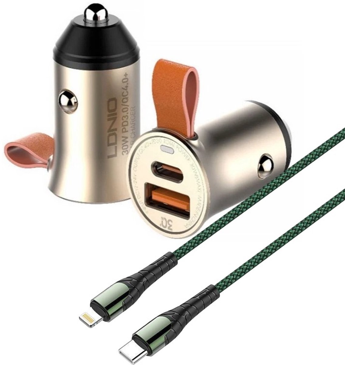 Auto Oplader - USB C naar Geschikt voor: Lightning Kabel (1M) LC111 groen & Auto Stekker - USB A & C Snel Lader 30W - PD20W/QC3.0 Autolader