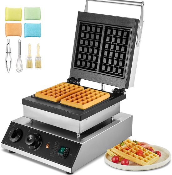Commercieel Wafelijzer, 2-Delig, Rechthoekig, 2000 W, Roestvrij Staal met Antiaanbaklaag, Temperatuur- en Tijdregeling, Handvat, voor Restaurant, Bakkerij, Snackbar, Familie — afbeelding 3