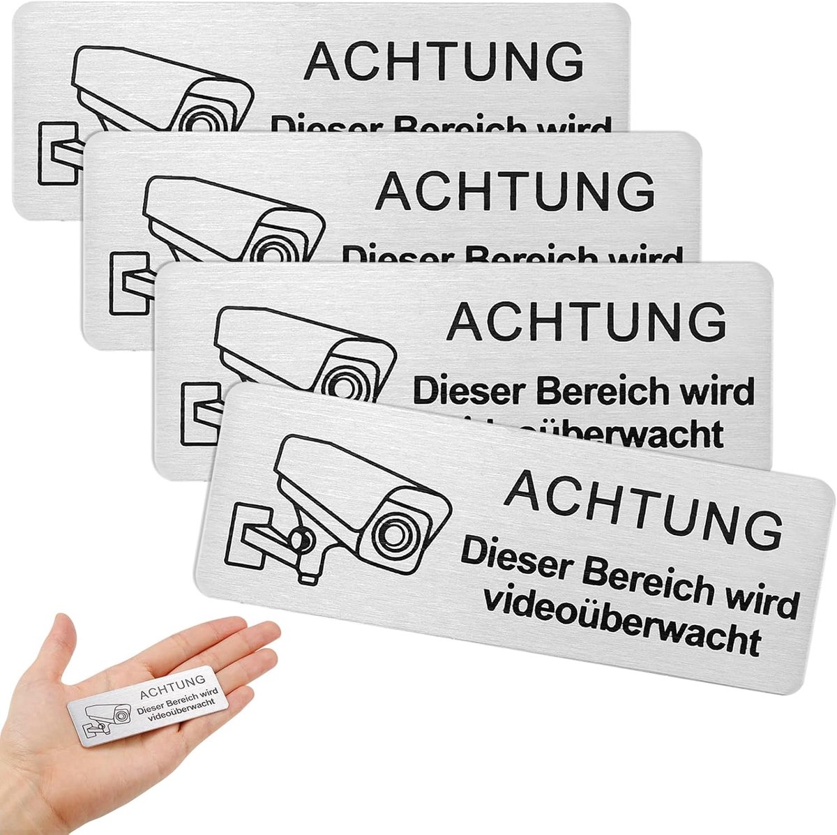Waarschuwingsborden voor Videobewaking - 4 Stuks, Aluminium, 8,5 x 3 cm, Zelfklevend