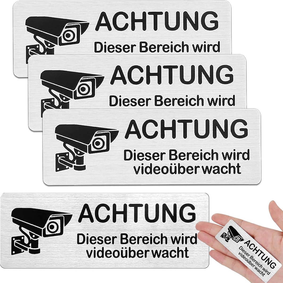 4 stuks videobewaking stickers - zelfklevend aluminium bord - 8,5 x 3 cm - geschikt voor binnen en buiten