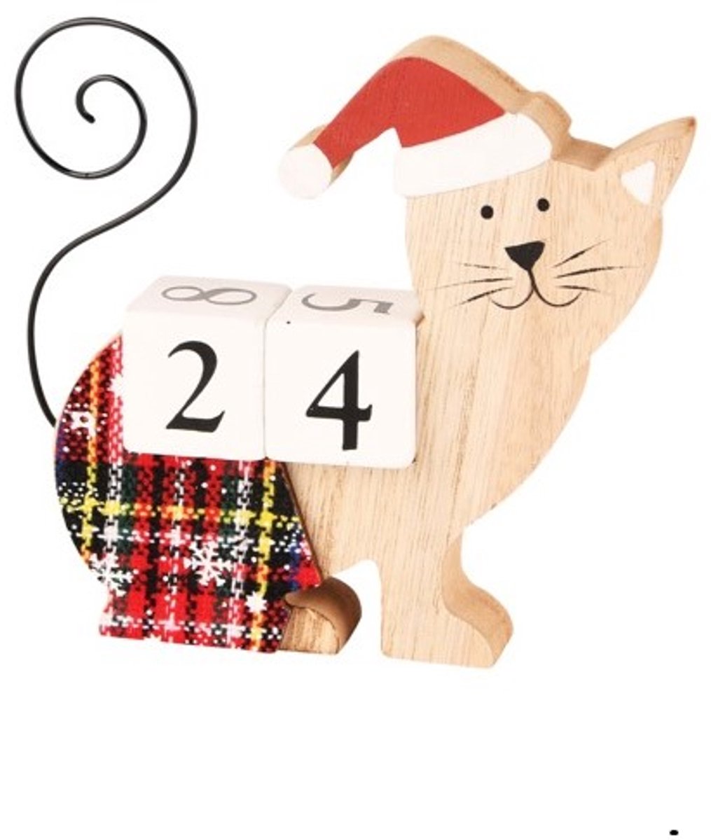 Houten Blokkalender Kat – Kerstdesign met Muts & Geruite Broek | Dekoratie