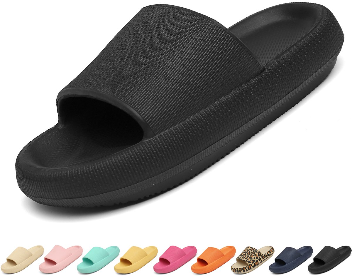 Geweo - Slippers Heren Dames - EVA Badslippers Unisex - Verdikte - Lichtgewicht - Super Zacht aan je Voeten - Anti-Slip en Stevig Voetbed - Anti-lawaai - Zwart - Maat 36/37