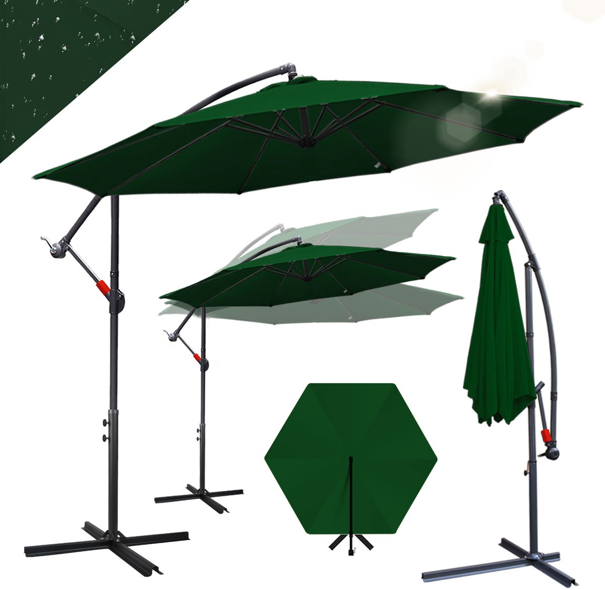 Large green parasol with sturdy frame, 300 cm wide, ideal for balconies, gardens, and terraces. Features a crank system.