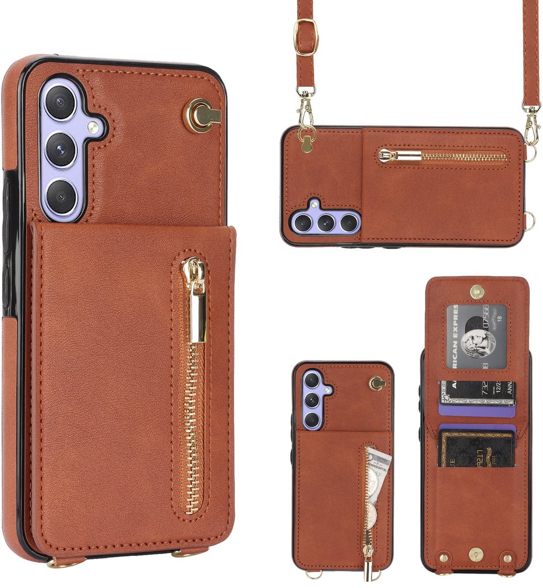 Multimedia & Accessoires Stijlvolle Leren Fashion Backcover Case Hoesje met Koord, Stand Ritsvak en Pasjeshouders geschikt voor Samsung Galaxy A16 - Bruin