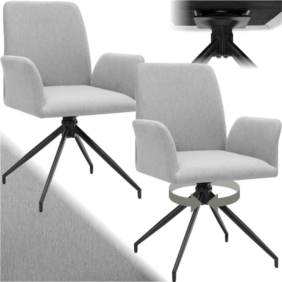 Tectake Draaistoel Daya - Set van 2 Draaifauteuils met Armleuning - 360° Draaibare Eetkamerstoel - Draaibare Fauteuils - Gestoffeerd - Draagkracht 150kg - Lightgrijs