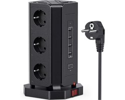StayPowered Stekkertoren - 14-in-1 Meervoudige Stekkerdoos - Jouw Ultieme Energiehub - 9 Stopcontacten - 4 USB Poorten - 1 USB C Poort - 4000W - Ingebouwde Veiligheidsfuncties - Compact Design - 2m Snoer - Zwart - Levering Sneller dan Aangegeven!