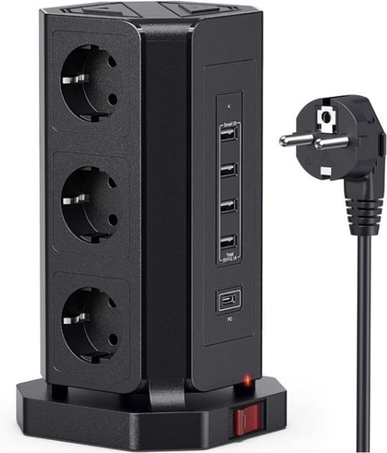 StayPowered Stekkertoren - 14-in-1 Meervoudige Stekkerdoos - Jouw Ultieme Energiehub - 9 Stopcontacten - 4 USB Poorten - 1 USB C Poort - 4000W - Ingebouwde Veiligheidsfuncties - Compact Design - 2m Snoer - Zwart - Levering Sneller dan Aangegeven!