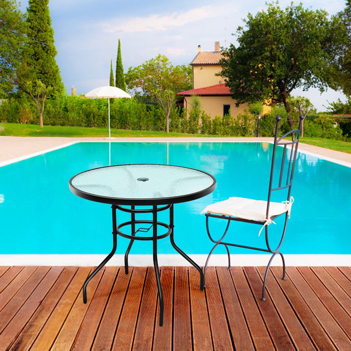 COSTWAY Tuintafel met parasolgat, 80 x 80 x 71 cm, terrastafel met tafelblad van gehard glas en metalen frame, ronde balkontafel, outdoor-eettafel voor terras, tuin, balkon thumbnail 4