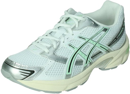 Linker ASICS Gel-1130 sneaker in wit met zilveren en mintgroene accenten.