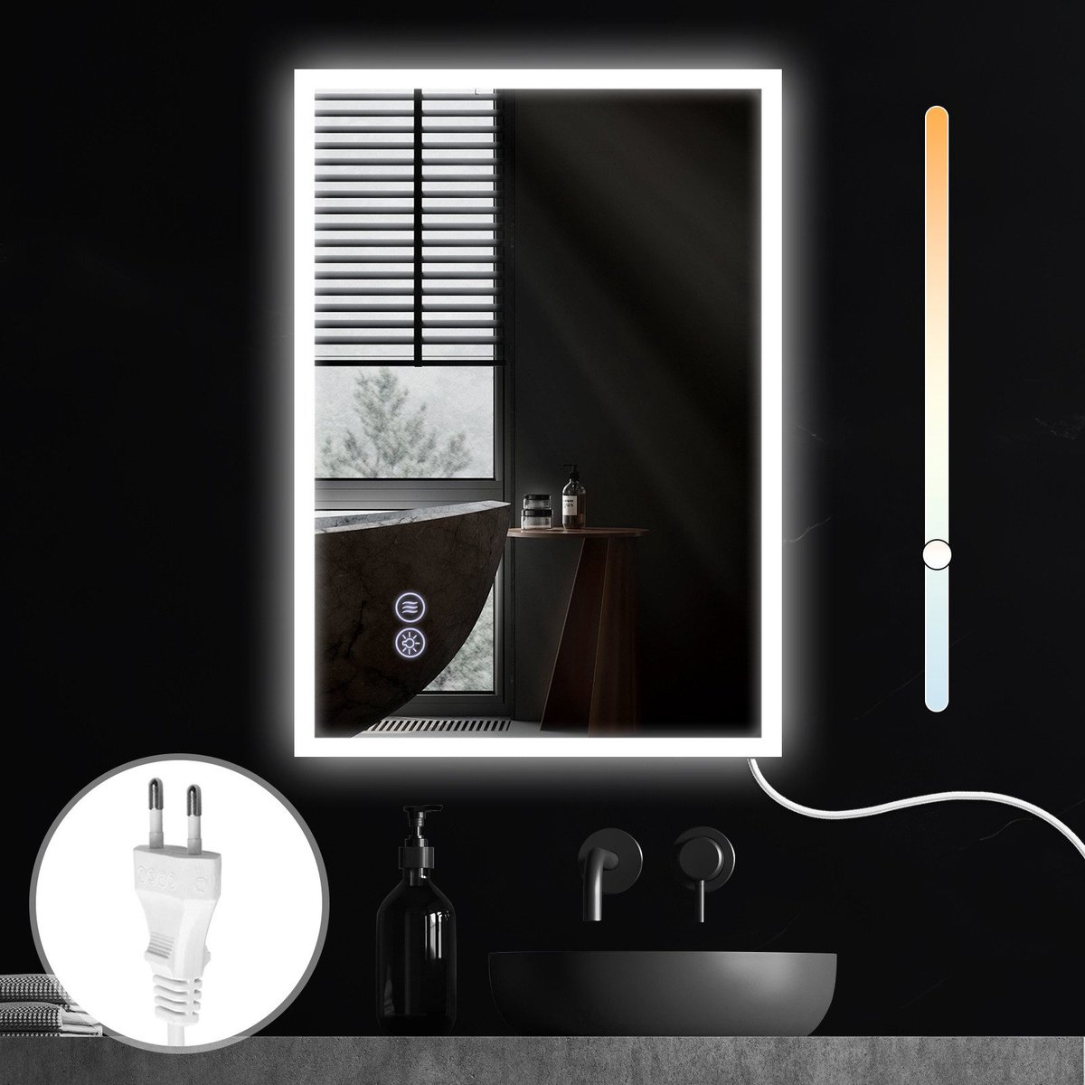 NETTLIFE Badkamerspiegel met LED Verlichting - 70x50cm - Dimbaar 3000K-6500K - LED Wandspiegel - Explosiebestendig glas - Badkamerspiegel met aanraakspiegel - Nikkel