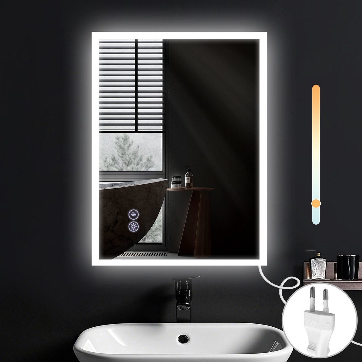 NETTLIFE Badkamerspiegel met LED Verlichting - 80x60cm - Dimbaar 3000K-6500K - LED Wandspiegel - Explosiebestendig glas - Badkamerspiegel met aanraakspiegel - Nikkel