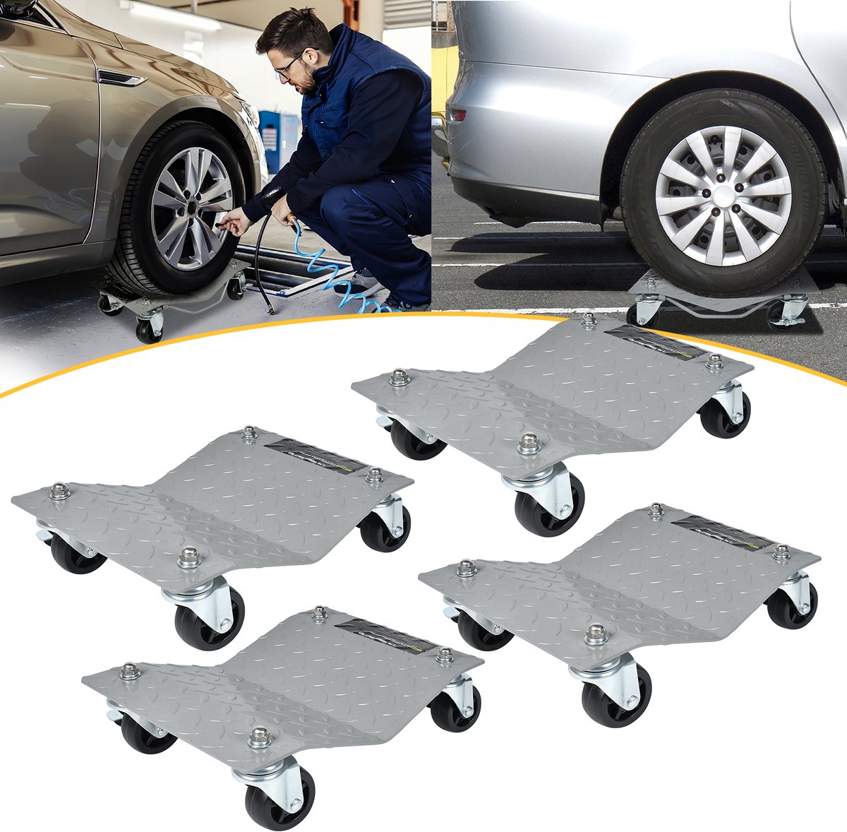 Froadp 4 stuks manoeuvreerhulp 500 kg per platform bandenwissel manoeuvreerkrik autokrikwiel manoeuvreerrol 40,5 x 30 x 7 cm voor auto's, vrachtwagens, mobiele bandenplatforms tractoren, zilver