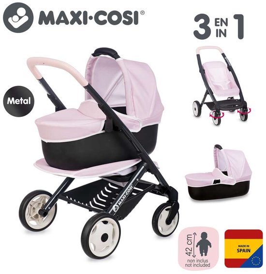 Roze en zwarte poppenwagen, Maxi Cosi, 3-in-1, metalen frame, met afbeeldingen van de configuraties.