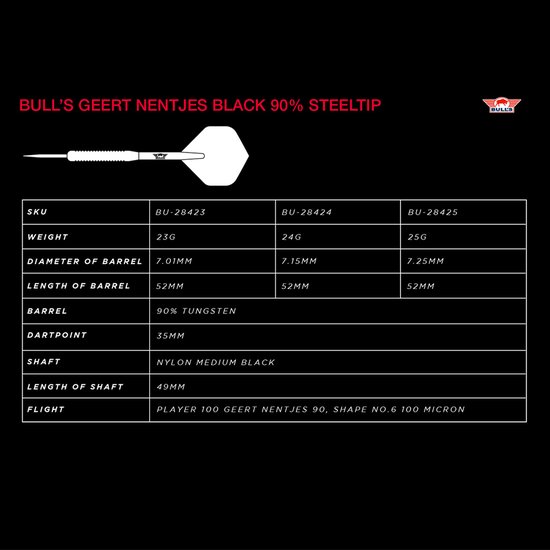 Bull's Geert Nentjes Black 90% Tungsten 23 gram Steeltip Dartpijlen van Bull's — afbeelding 5