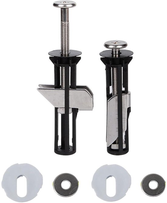 Toiletbril scharnieren met schroeven, kunststof behuizing en metalen bevestigingsdelen.