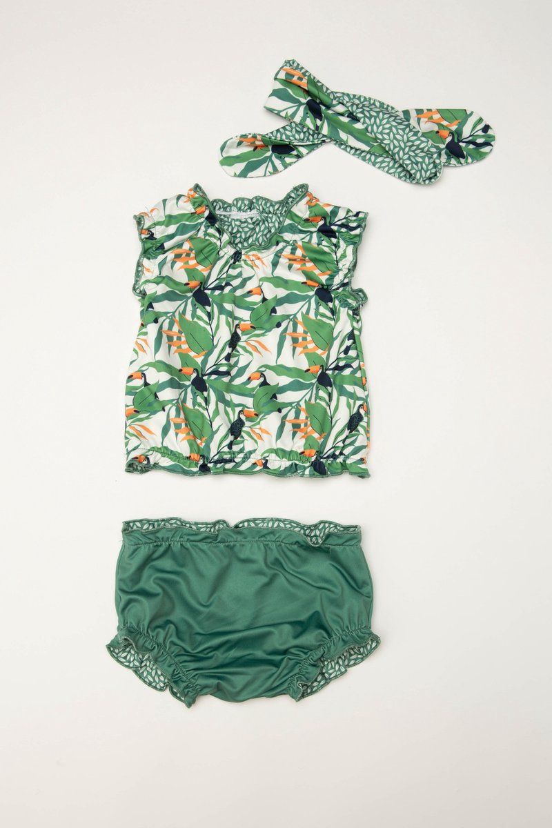 Ducksday - Omkeerbare baby tankini met haarlint - voor meisjes - UPF 50+ - Driedelige zwemset - Toucan - Tropisch groen — afbeelding 4