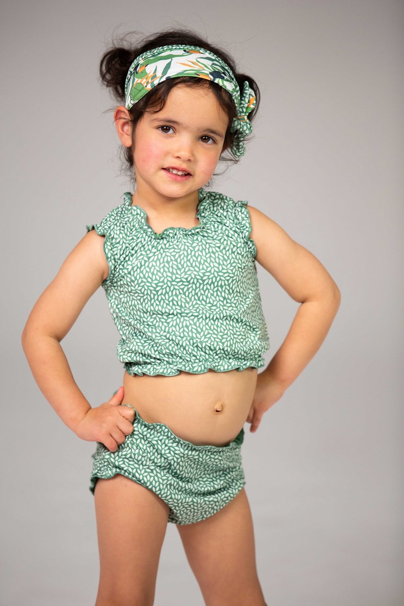 Ducksday - Omkeerbare baby tankini met haarlint - voor meisjes - UPF 50+ - Driedelige zwemset - Toucan - Tropisch groen — afbeelding 2