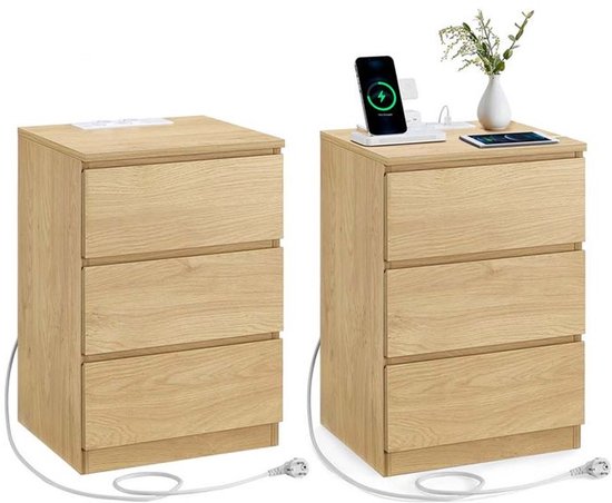 Homesy Nachtkastje set van 2 - Slaapkamer - Modern - Ebbenhout Strogeel - 3 lades - Met stopcontact