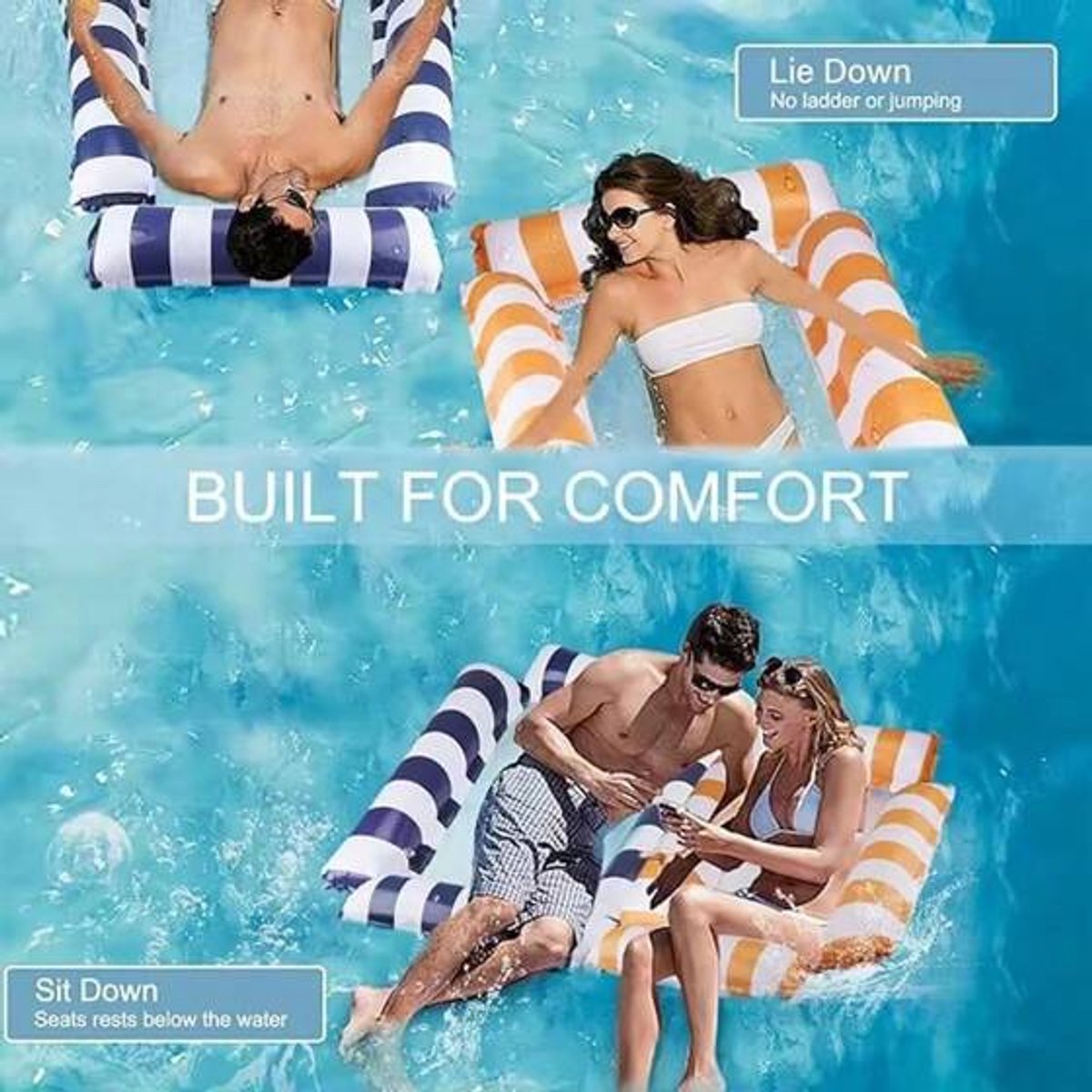Waterhangmat Streeppatroon Blauw - Blue - Lounge Chair - Float - Zwembad - Hangstoel - Opblaasbare Zwembad Stoel - Water Hangmat - Luchtbed Zwembad - Luchtmatras - Floater - Strand - Waterspeelgoed - Vakantie - Zomer - Hammock Pool Float – foto 7