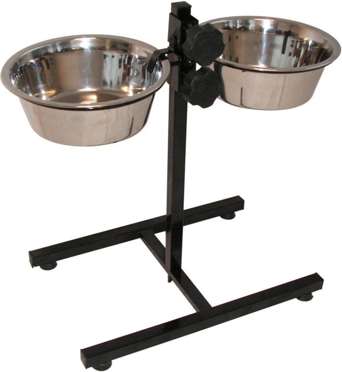 Relaxdays dubbele hondenvoerbak met standaard, 2 rvs kommen, elk 400 ml, houten houder, eet-en drinkbak, natuur/zilver