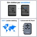 Twee Voomy reisstekkers met uitschuifbare stekkers (EU, UK, USA/AUS). Wereldkaart die 200+ landen dekt.