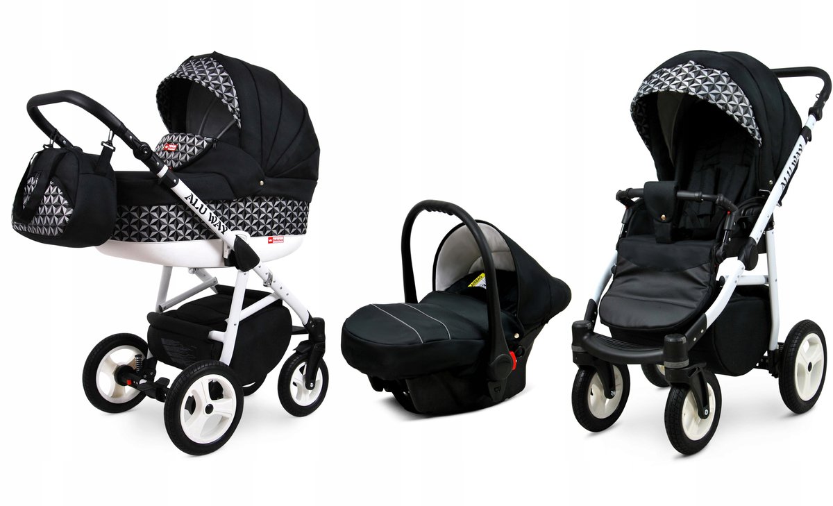 BabyLux® Kinderwagen 3in1 – ALUWAY - OPTICAL BLACK - Opklapbare Wandelwagen incl. Reiswieg, Multifunctionele Buggy Sportstoel, Autostoel - Combi-kinderwagen met Luiertas, Regenhoes, Klamboe, Bekerhouder, etc.
