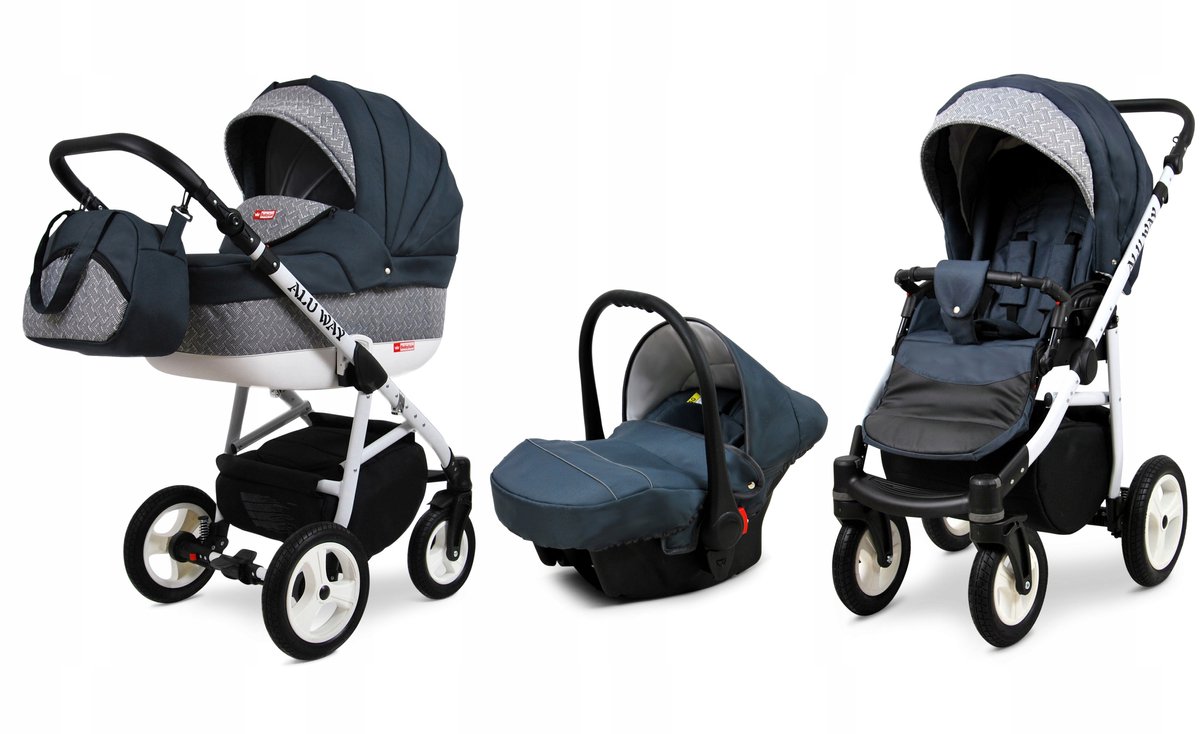 BabyLux® Kinderwagen 3in1 – ALUWAY - DARK GREY - Opklapbare Wandelwagen incl. Reiswieg, Multifunctionele Buggy Sportstoel, Autostoel - Combi-kinderwagen met Luiertas, Regenhoes, Klamboe, Bekerhouder, etc.