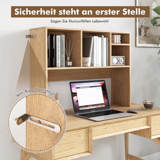 COSTWAY Bureauplank Met 4 Vakken - Tafelrek 94x25x73 Cm Natuurlijk - Multifunctionele Organizer