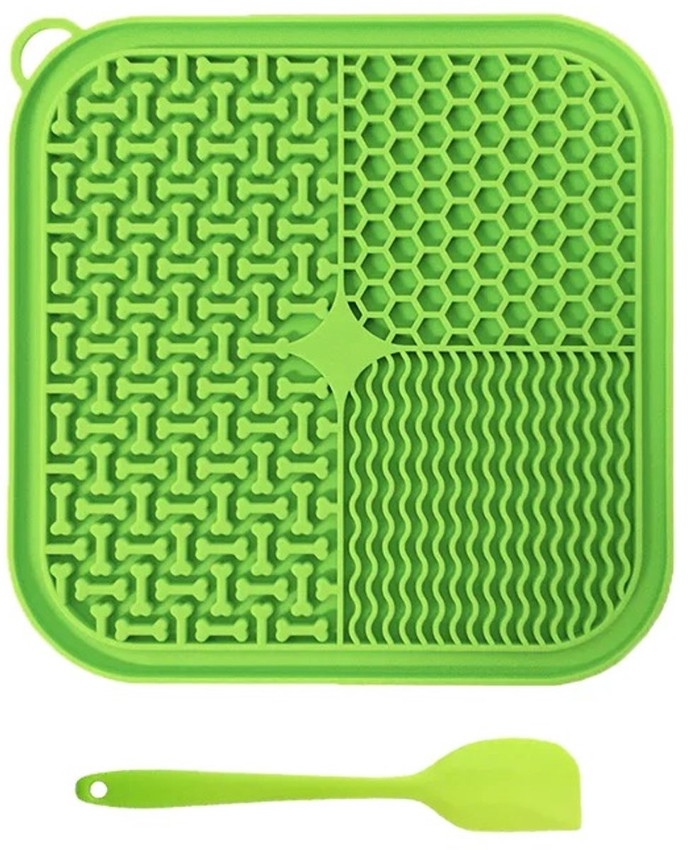 WiseGoods Premium 2-Delig Slowfeeder Likmat Huisdieren - Hond / Kat Voermat Met Silicone Spatula - Mat & Spatel Huisdier - Groen