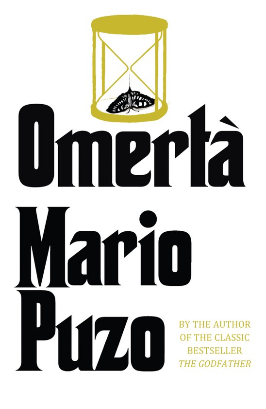Livre "Omertà" par Mario Puzo, avec un sablier et un papillon.